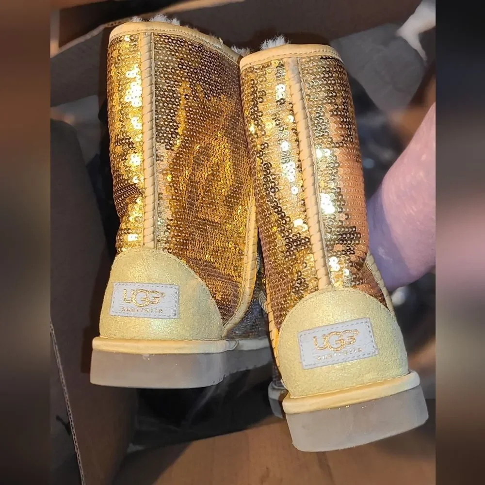 UGG Gold Sequin Shearling Winter Boots 6